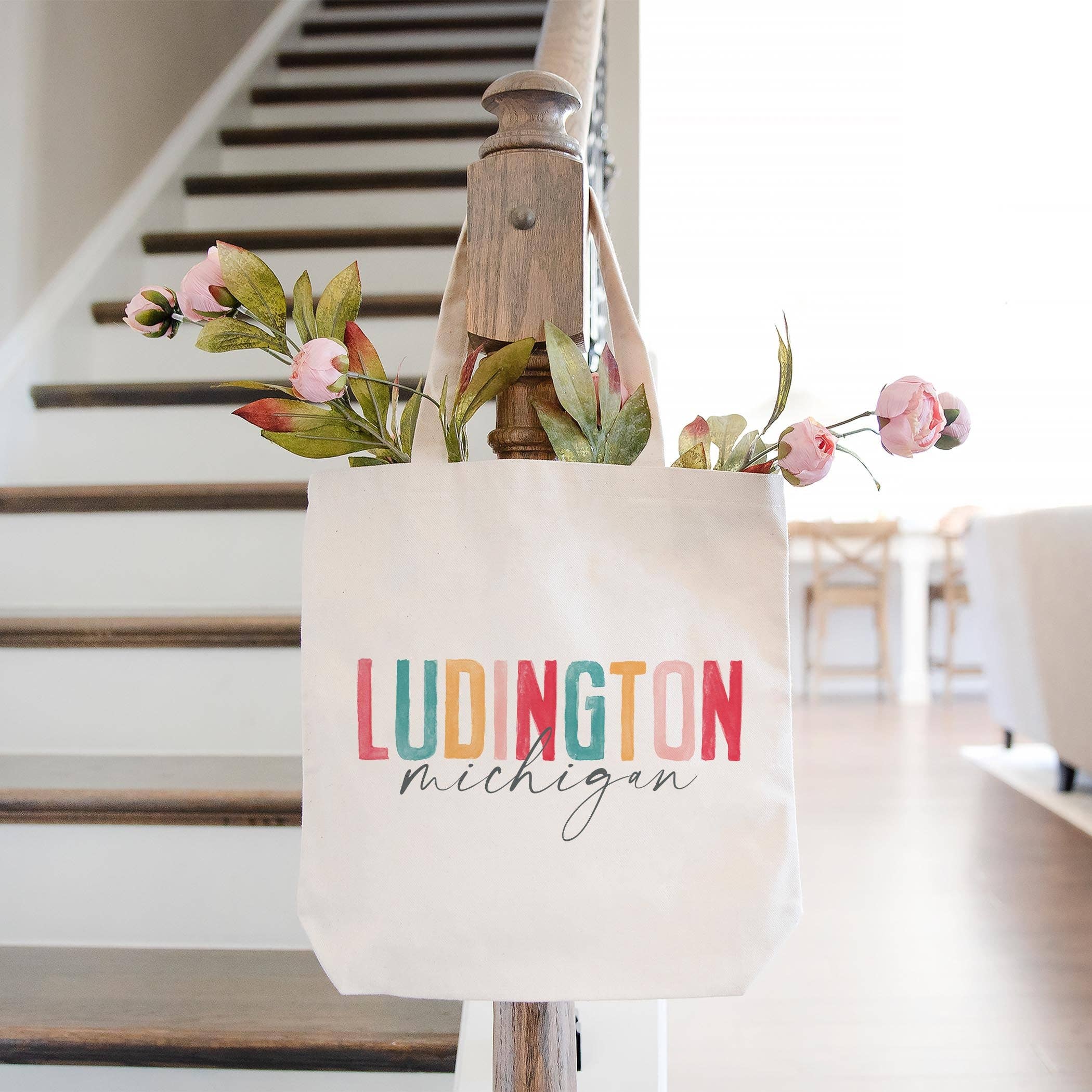 Tote Bag Natural Canvas-Watercolor City Ludington Michigan