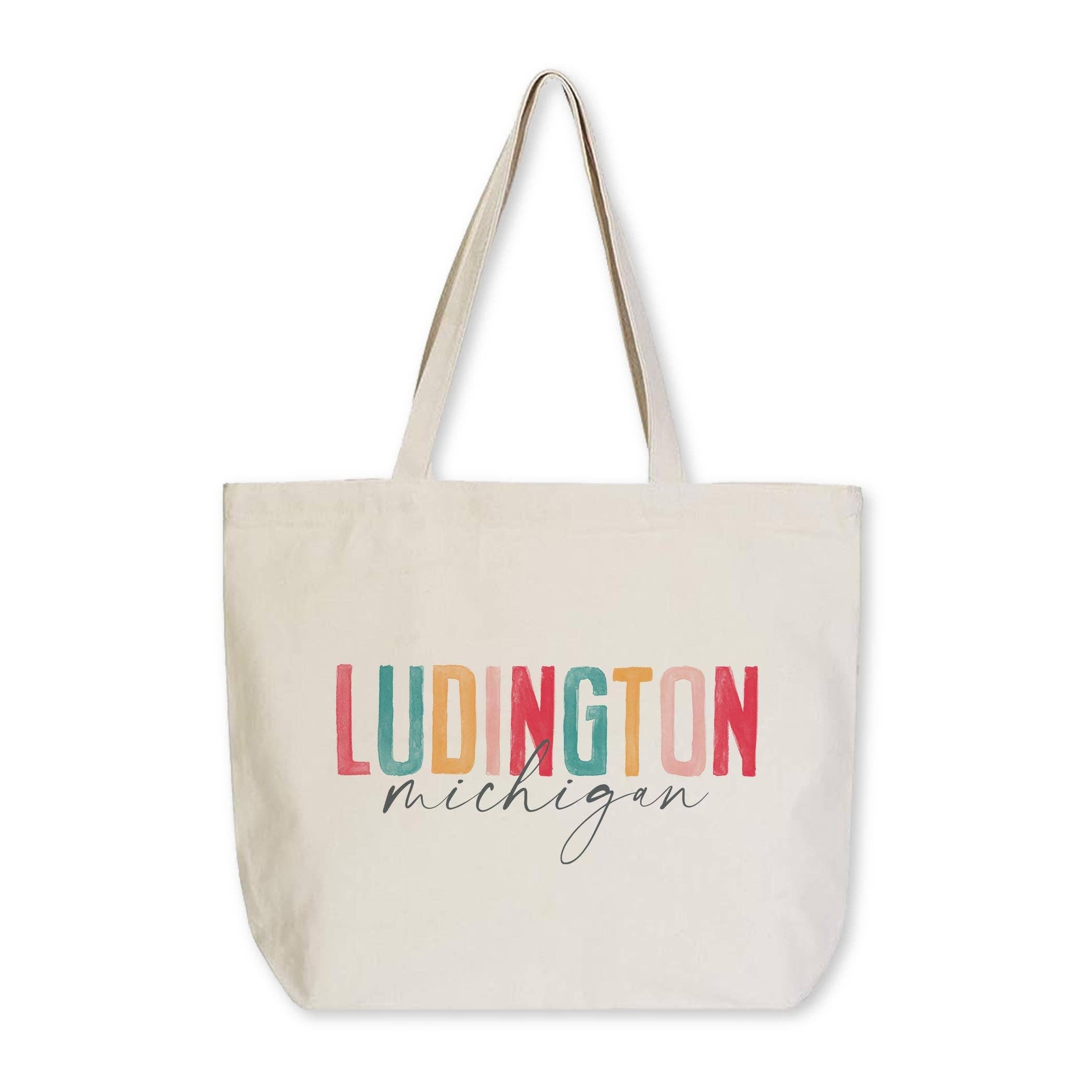 Tote Bag Natural Canvas-Watercolor City Ludington Michigan