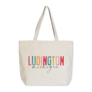 Tote Bag Natural Canvas-Watercolor City Ludington Michigan