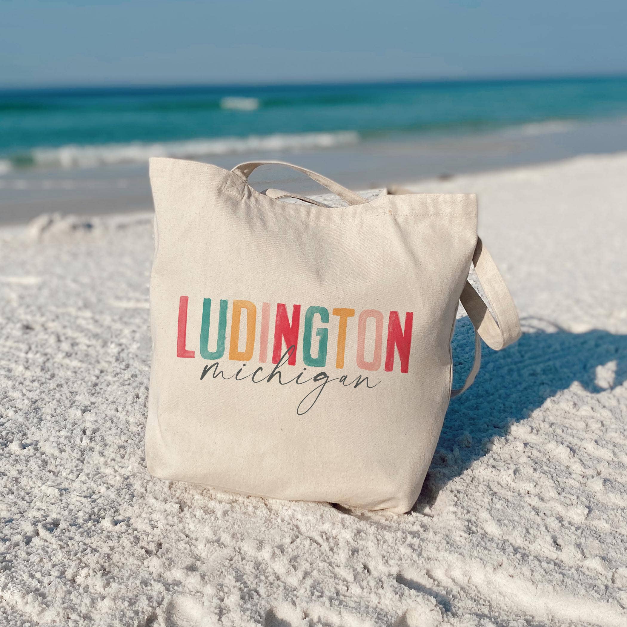 Tote Bag Natural Canvas-Watercolor City Ludington Michigan