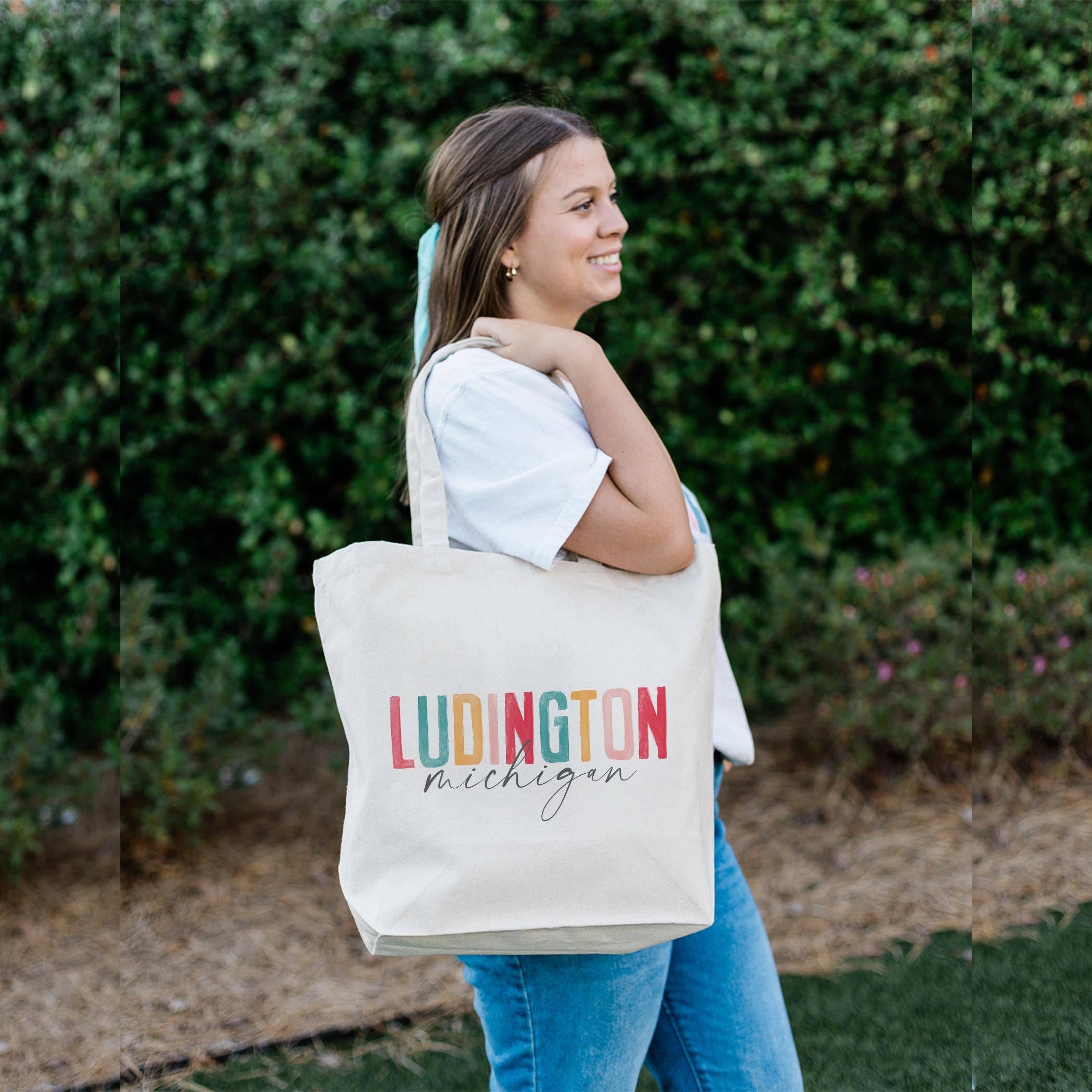 Tote Bag Natural Canvas-Watercolor City Ludington Michigan