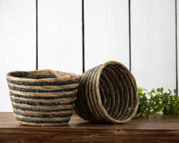Blue Stripe Natural Baskets Small, Set of 2